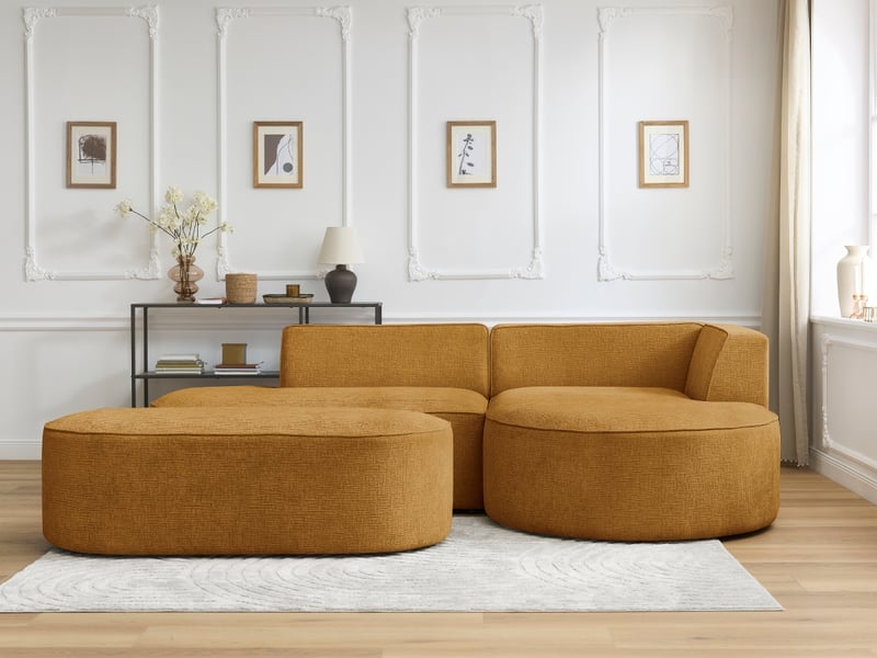  Bobochic canapé d'angle fixe rousseau tissu texturé avec pouf jaune  angle droit ROUSSEAU - Conforama D