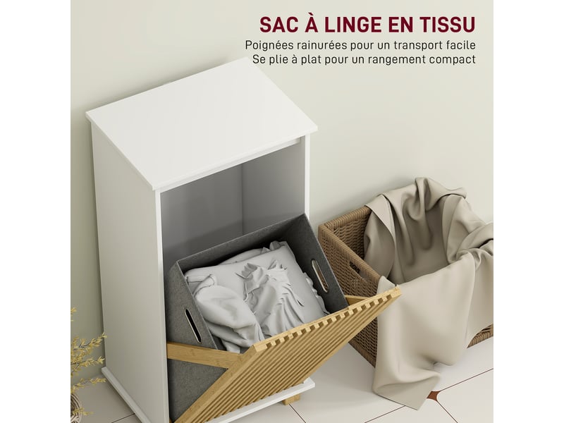  Meuble salle de bain avec panier à linge, blanc et effet bois naturel, porte à lattes en bambou et sac amovible  - Conforama E