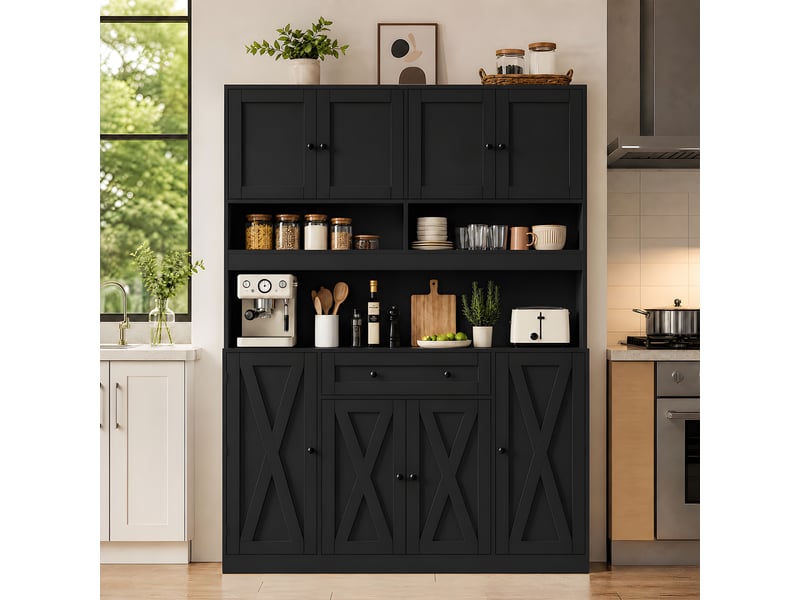  Meuble de cuisine muvano, buffet de cuisine noir avec plan de travail et prise électrique, 140 × 40 × 185 cm  - Conforama D