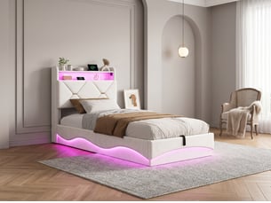 Lit 2 places 90x200 cm - led intégrée et rangement - blanc - tête de lit avec étagère - sommier à lattes inclus
