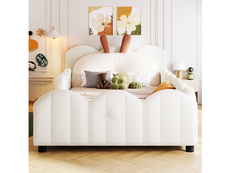 Lit enfant plateforme 90x200 cm beige rembourré avec barrières et coussin lapin  - Conforama D