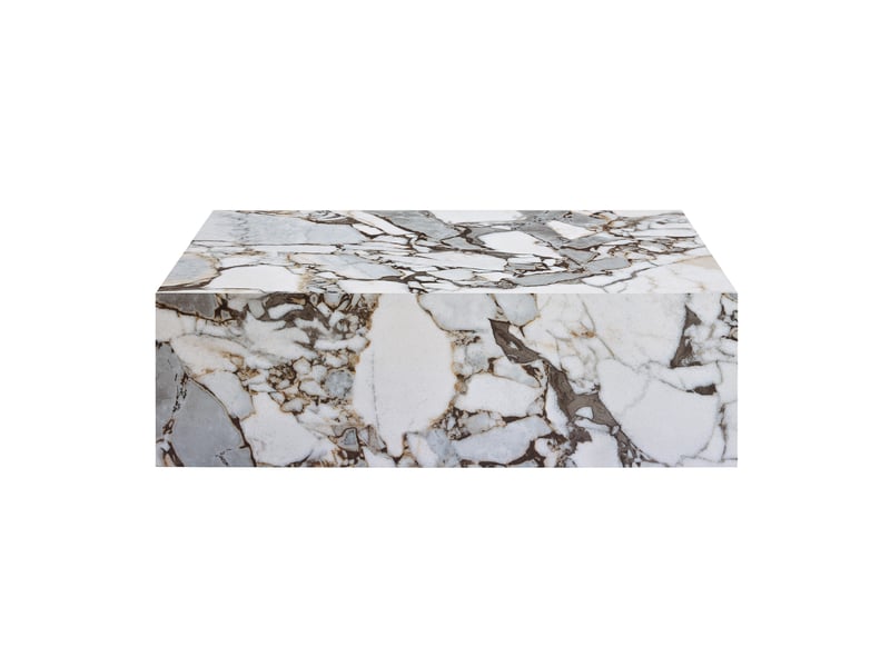  Table basse rectangulaire 90 x 50 x 30 cm blanche en mdf, film décor imitation pierre, structure fixe  - Conforama D