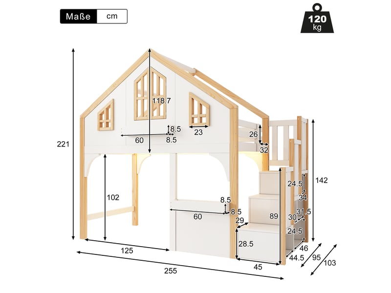  Lit superposé enfant 90x200 en bois avec escalier de rangement et éclairage led - blanc et nature  - Conforama C
