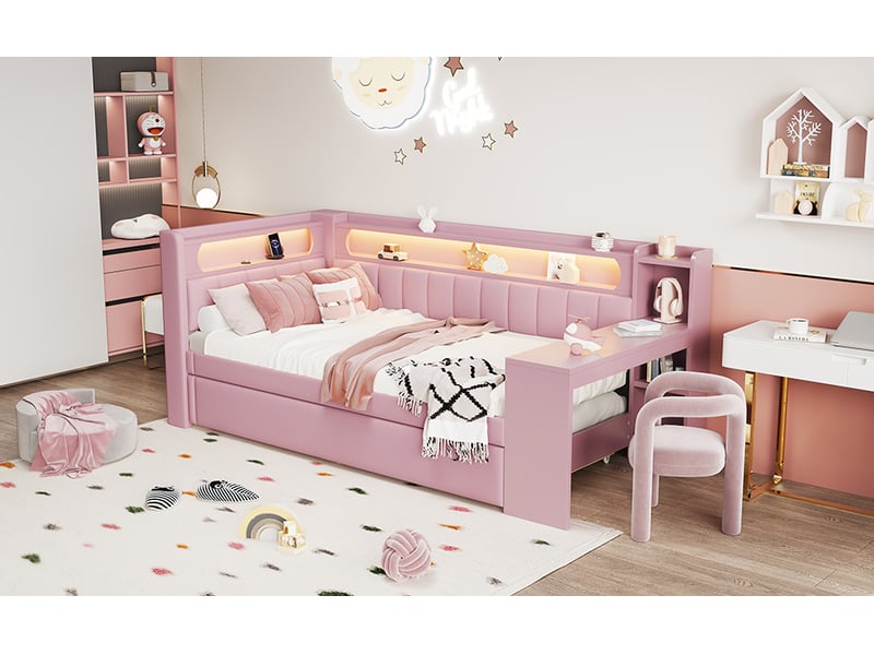  Lit gigogne 90 × 200 cm, bureau et étagères intégrés, led et usb, dossier rembourré en lin, second couchage, rose  - Conforama B