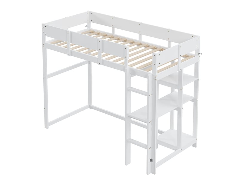  Lit mezzanine 90x200 cm avec étagère en bois massif - lit 1 place - gain de place sécurisé pour enfant blanc  - Conforama D