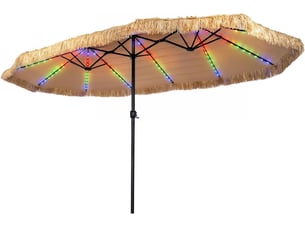 Parasol de jardin exterieur en paille pe avec led coloré, 4,5x2,7m grand parasol rectangulaire double exotique avec 12 baleines
