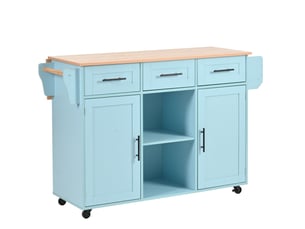 Chariot de cuisine 139x46 cm avec plateau rabattable et rangements, bleu