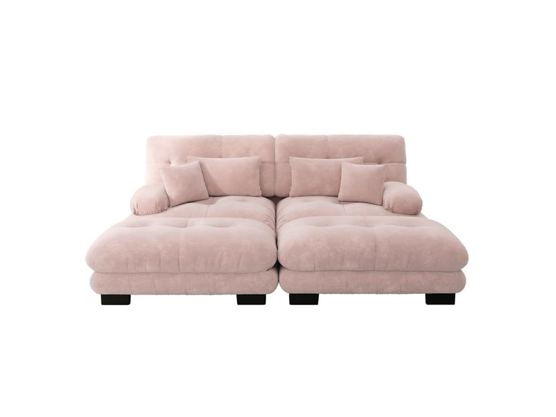 Canapé droit modulable 2 places, avec 2 coussins lombaires + 2 décoratifs, larges accoudoirs, 2 poufs, 220x145x81cm, chenille rose - Conforama A