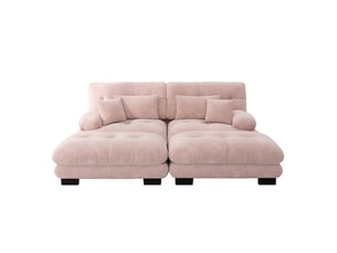 Canapé droit modulable 2 places, avec 2 coussins lombaires + 2 décoratifs, larges accoudoirs, 2 poufs, 220x145x81cm, chenille rose