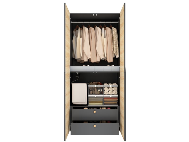  Armoire modenvie 2 portes 90 x 50 x 200 cm avec tringle, porte-pantalons, boîte de rangement et 2 tiroirs mdf gris et bois  - Conforama A