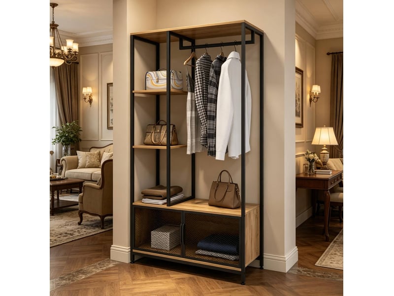 Portant à vêtements avec étagères et pieds réglables en métal et mdf noir et chêne clair - Conforama B