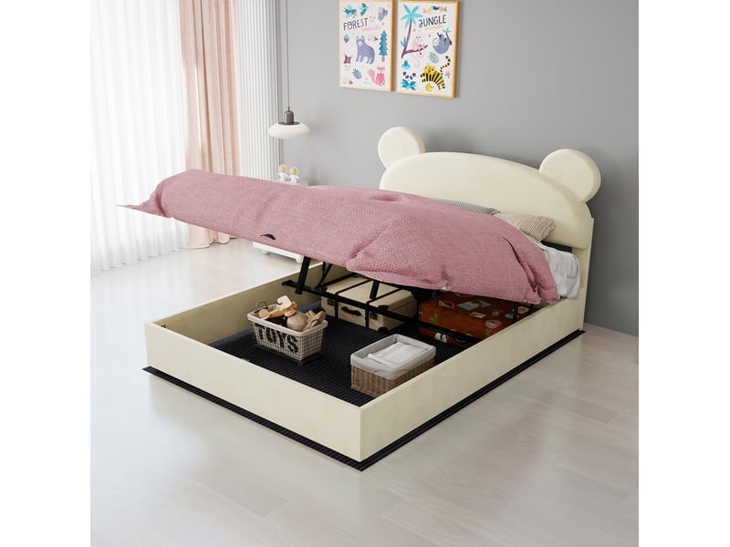  Lit coffre modenvie rembourré 140 x 200 cm en velours beige avec tête de lit oreilles d'ours  - Conforama B