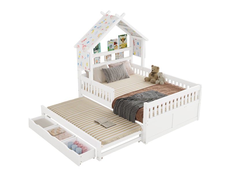 Lit cabane 140x200 cm, lit gigogne, lit enfant avec 3 tiroirs, barrières, pour chambre, pin et mdf, blanc sans matelas - Conforama A