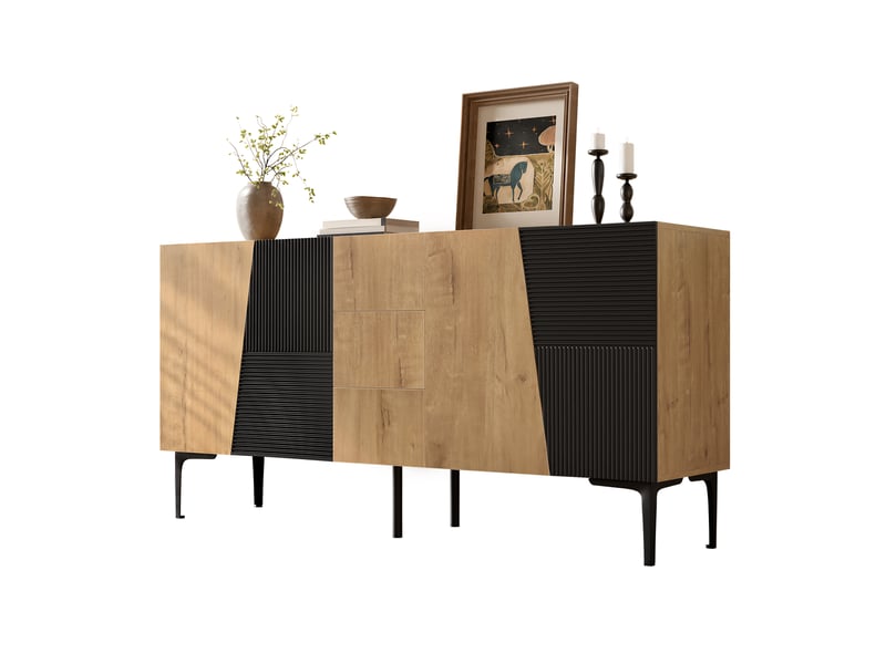 Buffet bas 160x40x80 cm avec 4 portes, 3 tiroirs et étagères réglables, meuble rangement salon salle à manger en mdf-noir et bois - Conforama A