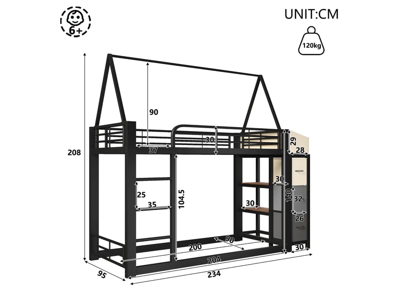 Lit mezzanine 90 x 200 cm avec étagères, tiroirs en tissu, led multicolore et garde-corps, sans matelas, métal et mdf - noir OMNIGLINT TRADING LTD - Conforama D