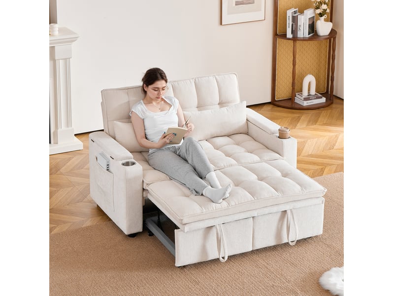 Canapé droit convertible 2 places 3-en-1 beige en velours côtelé, rangement et porte-gobelets intégrés - Conforama B