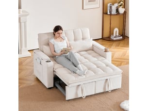 Canapé droit convertible <strong>COVREO </strong> <strong></strong> 2 places Tissu beige avec coffre de rangement