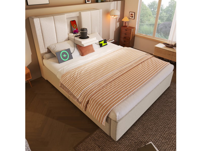  Lit coffre simple 90x200 cm, port usb-c, style moderne, porte-gobelet, rangements intégrés, lin beige, sans matelas  - Conforama B
