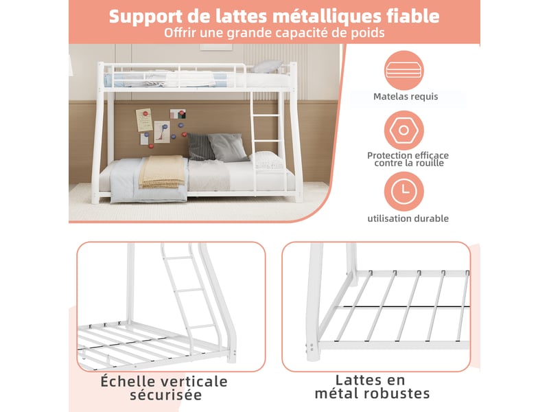  Lit superposé en métal 90×140 et 140×190 cm, échelle, garde-corps continu, pour jeune et adulte, pour chambre enfant  - Conforama E