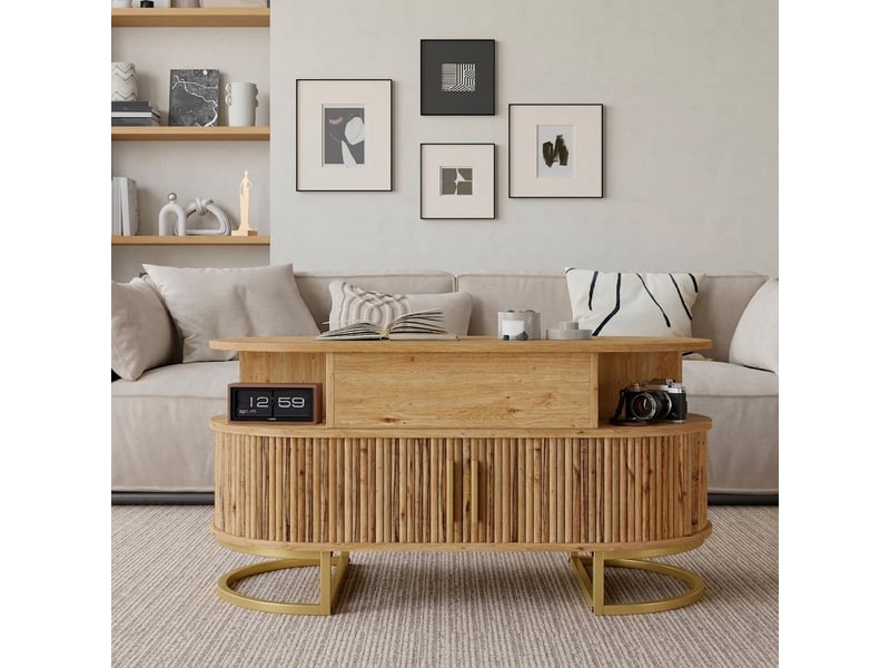  Table basse relevable ovale en mdf naturel avec rangement caché et portes coulissantes  - Conforama D