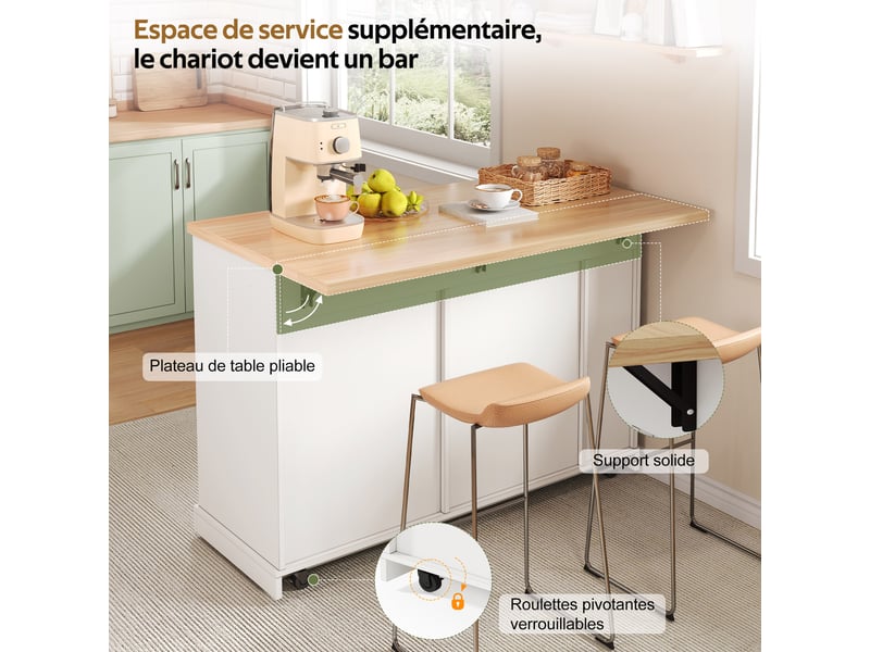 Îlot de cuisine 120x45-70x93 cm avec plateau rabattable, 2 tiroirs, étagère à épices 4 niveaux, rangement, mdf blanc - Conforama E