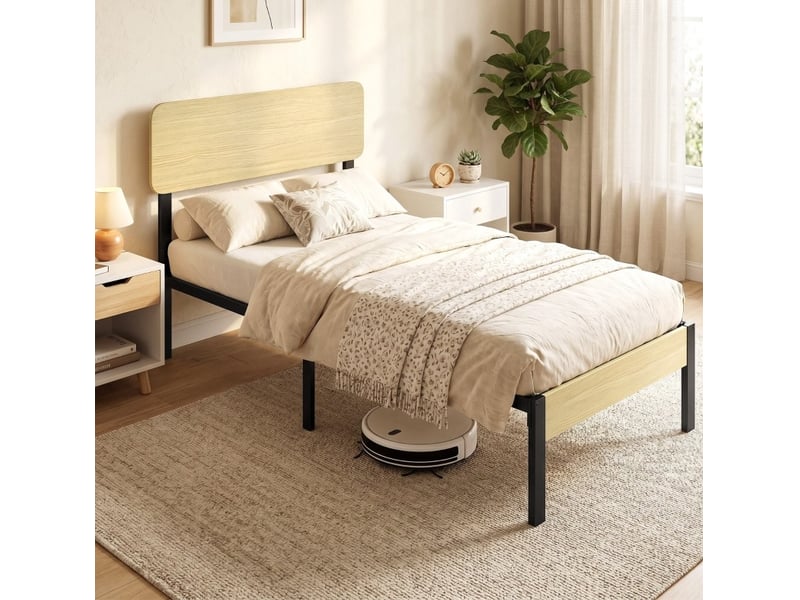  Lit simple 90x200 cm avec tête de lit et rangement sous le lit, en métal, noir et bois naturel  - Conforama E
