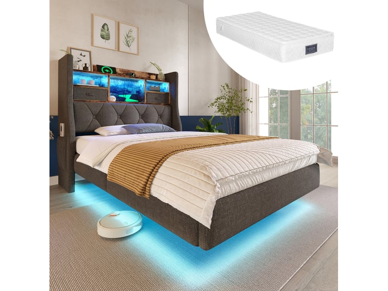  Modenvie lit 1 place 90x200 cm - led, ports usb et rangement de tete de lit - matelas inclus - gris  - Conforama B