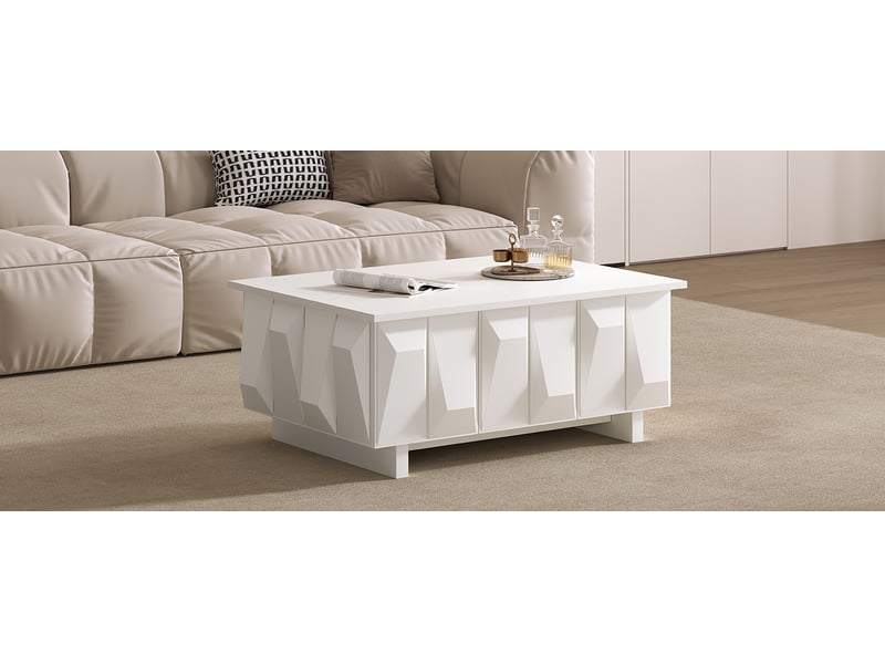  Table basse blanche avec rangement, 3 portes à façades structurées 3d, plateau spacieux, panneau de particules  - Conforama D