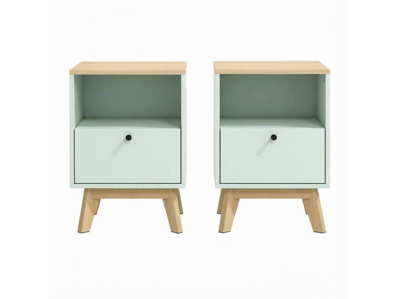 Lot de 2 tables de chevet tcqpz 40 x 40 x 55 cm avec tiroir et niche ouverte mdf vert clair effet chêne - Conforama A