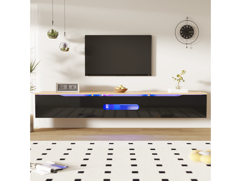  Meuble tv avec 3 portes , led et fixation murale ou pose au sol, pour salon, mdf, noir et bois, 180 × 35 × 30 cm  - Conforama C