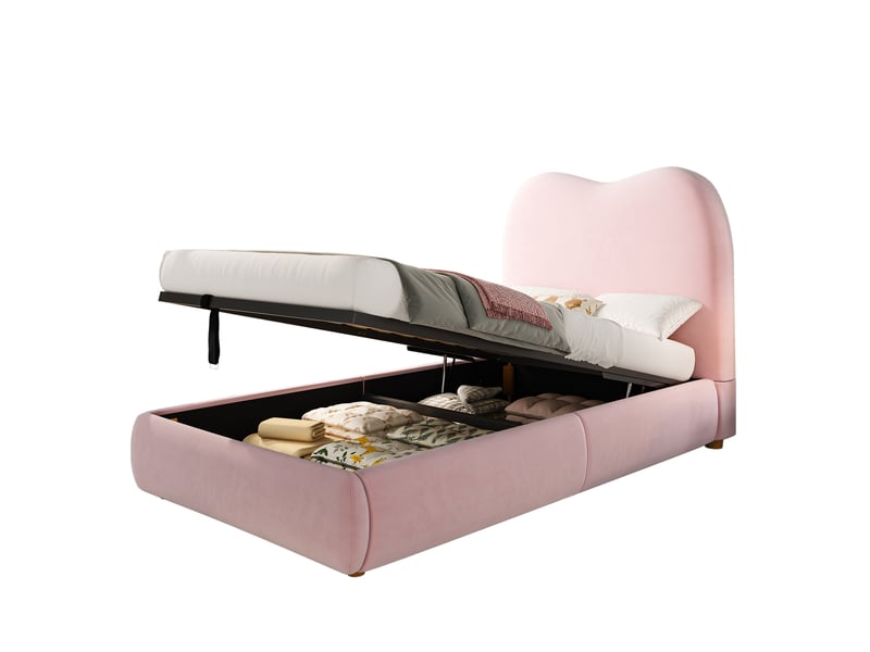 Lit enfant 90x200cm lit coffre sommier à lattes tête rembourrée 11cm mousse design moderne velours rose sans matelas - Conforama A