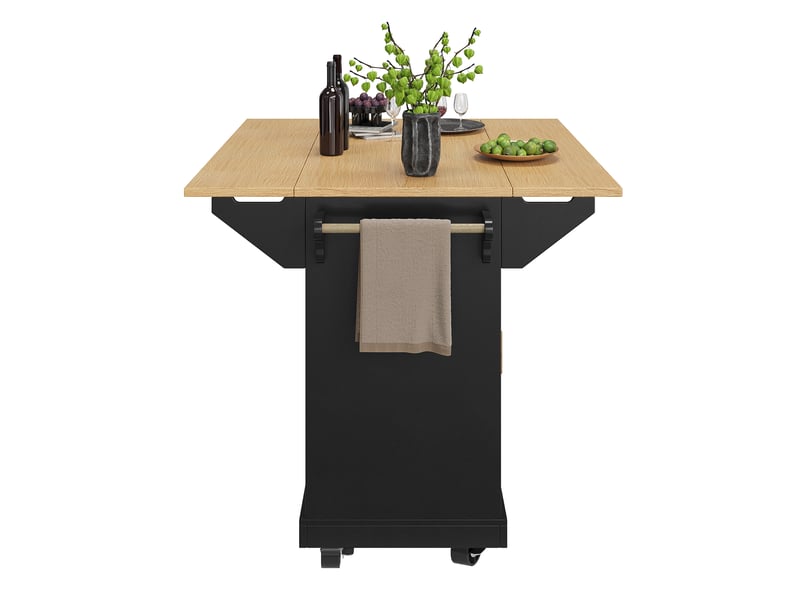  Îlot de cuisine noir avec plateau extensible, desserte à roulettes 120x40x95 cm, 3 tiroirs et 2 portes, mdf et métal  - Conforama W