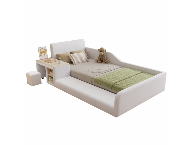  Lit enfant 90x200 cm, lit simple avec bureau intégré, tabouret et rangement, tête de lit en velours blanc, sans matelas  - Conforama A