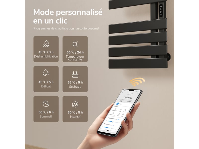 Sèche-serviettes électrique intelligent emke 1000 x 500 mm 320w, radiateur salle de bain connecté wifi, noir - Conforama D