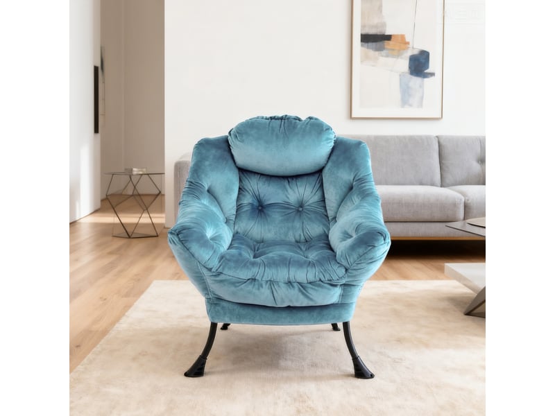  Fauteuil lounge avec repose-pieds 72x62x96cm – fauteuil relax de salon avec poche latérale et structure en métal – tissu velours - bleu  - Conforama D