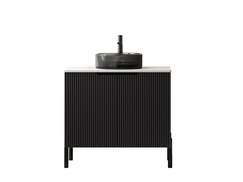  Meuble sous-vasque 2 portes vasque verre plateau pierre frittée 76x48x87 cm  - Conforama A