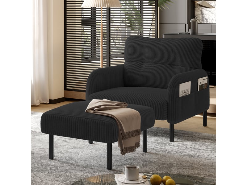  Pouf repose-pieds 56x51 cm avec structure métal, velours côtelé noir Morn Vibe - Conforama D