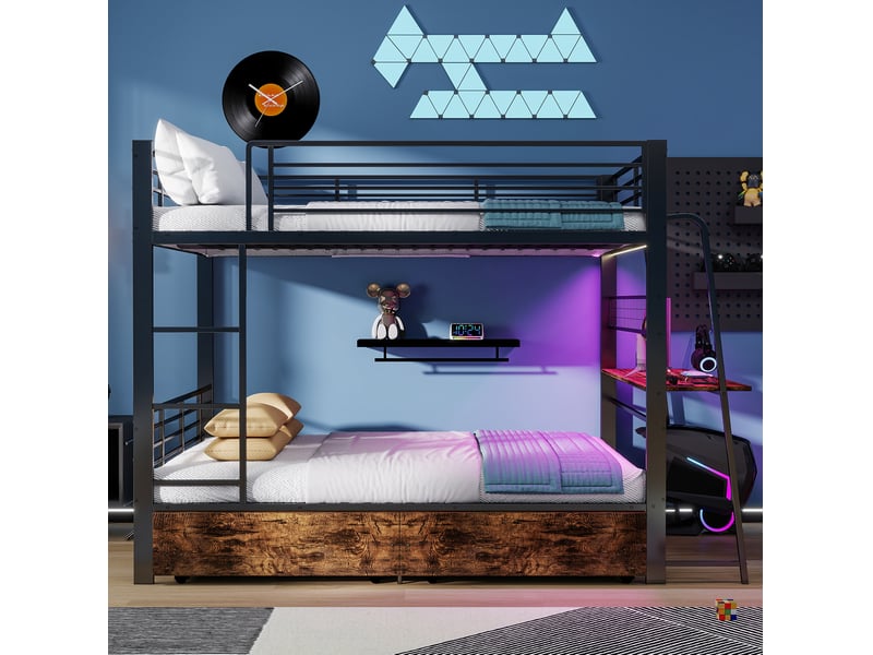  Lit superposé 140x200 cm, lit double avec bureau et 2 tiroirs métal couleur noir sans matelas  - Conforama B