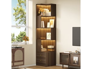 Étagère d’angle marron avec led et 2 tiroirs – 45 × 43,5 × 180 cm