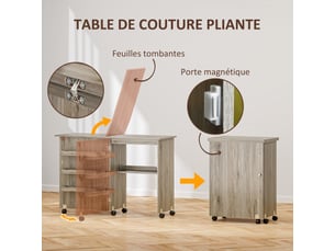 Table de couture pliante meuble couture à abattant avec bacs de rangement, étagère ouverte et roulettes effet grisé bois