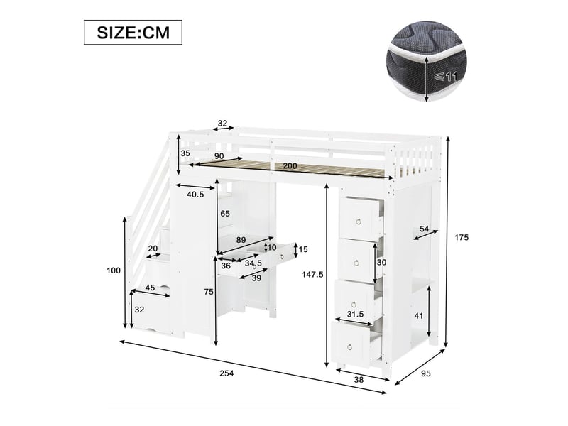 Lit superposé enfant 90 x 200 cm rangement intégré bureau intégré tiroirs étagères latérales structure en pin mdf et panneaux de particules finition blanche design multifonctionnel - Conforama C