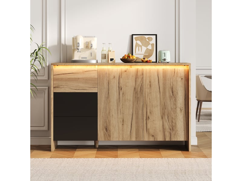 Buffet bois et noir 120 cm - 3 tiroirs, 2 portes, led multicolore - salonsalle à mangerentrée - Conforama C