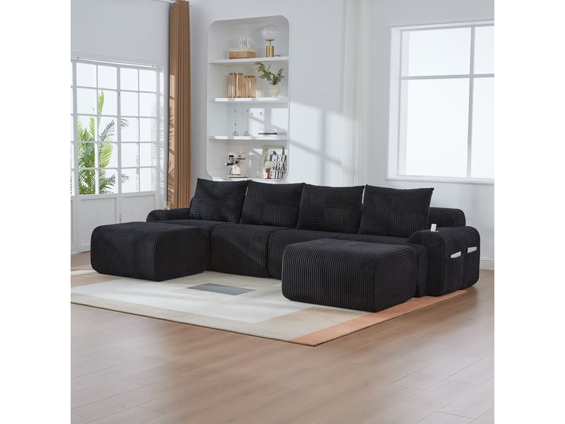  Canapé modulable 4 places noir en velours côtelé, avec 2 poufs, porte-gobelet et rangement, salon contemporain 333 x 174 x 80 cm  - Conforama W