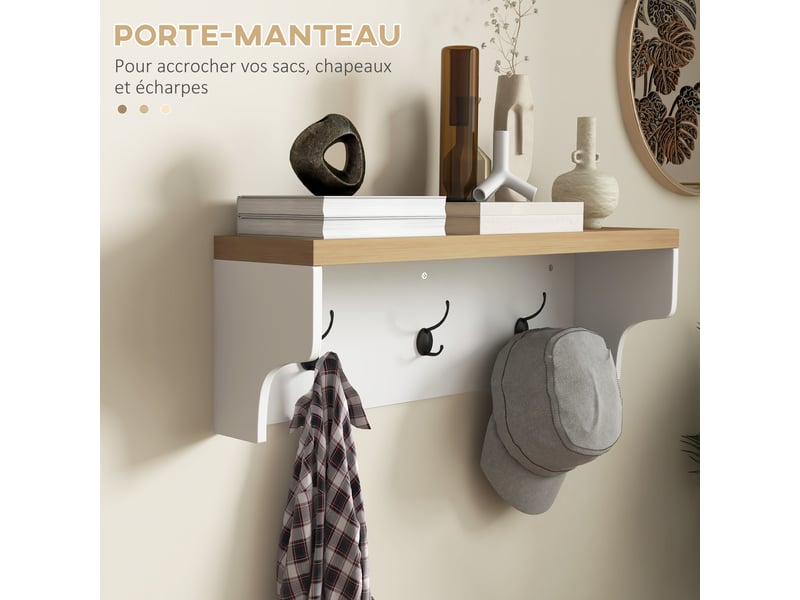  Ensemble meuble d'entrée 2-en-1 porte-manteau mural banc à chaussures 3 crochets et 9 niches 75x30x50cm blanc et chêne  - Conforama R