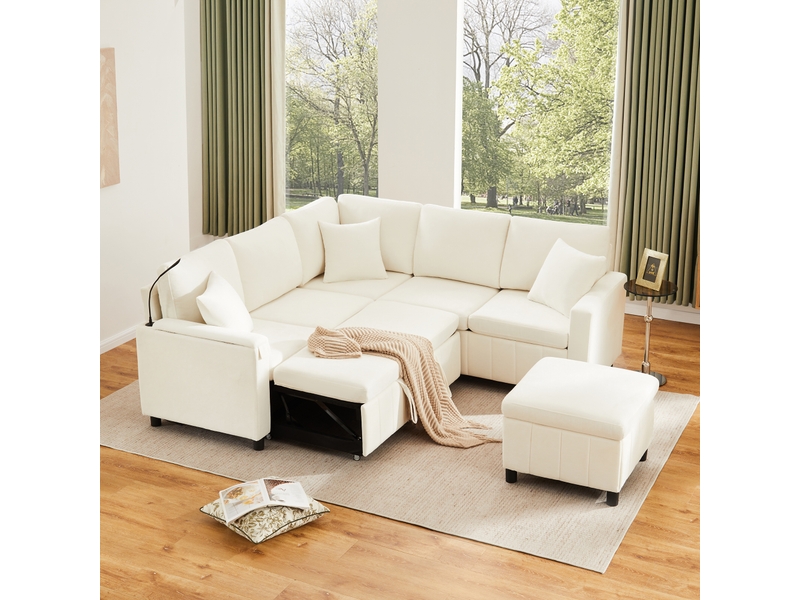 Canapé d'angle, canapé convertible – en chenille, porte-gobelets, port usb, 205×205×85cm, avec pouf, beige - Conforama D