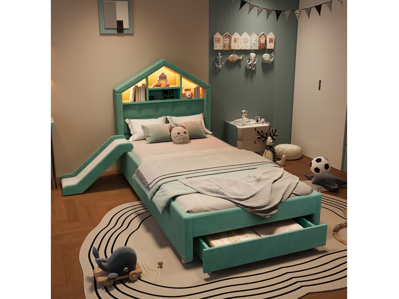  Lit cabane enfant 90 x 200 cm bleu-vert avec toboggan, éclairage led, port de charge, rangements et tiroir-lit  - Conforama D