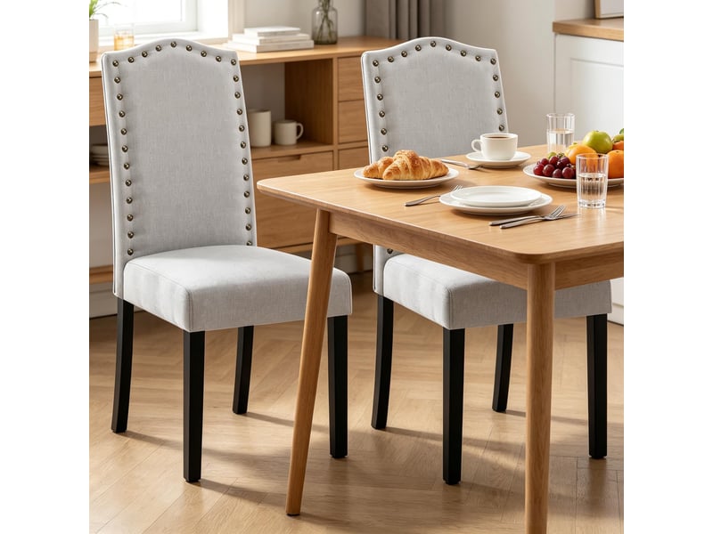  Lot de 2 chaises de salle à manger à dossier haut ergonomique  - pieds en bois massif, lin - gris clair  - Conforama B