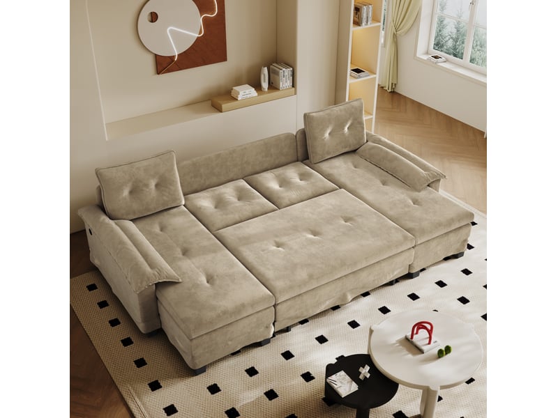  Canapé-lit modulable en u 278x127x87 cm 4 places avec usb en bois couleur kaki, design moderne, design moderne  - Conforama D