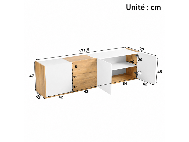  Meuble tv bas en mdf blanc et décor bois – 171,5 x 35 x 47 cm – 3 portes et 3 tiroirs  - Conforama D