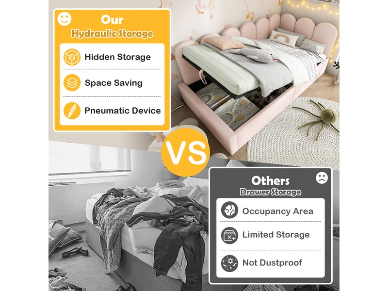  Lit banquette 200×90 cm avec rangement hydraulique, sommier à lattes métalliques, sans matelas, en velours beige  - Conforama E